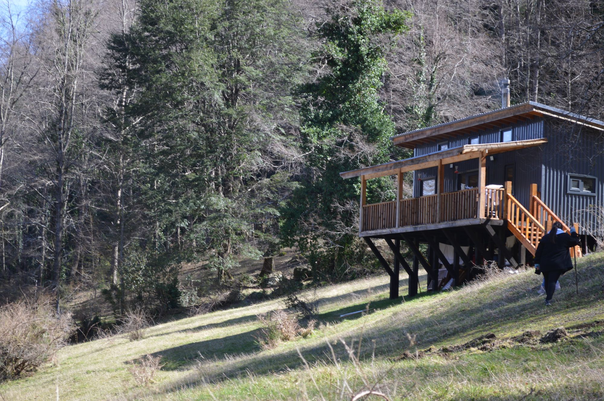 Refugio de montaña sobre pilotes entre el bosque nativo, junto al Santuario El Cañi